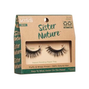 KISS Sister Nature False Eyelashes, Sage', 12 mm, 100% Natural Hair, Recyclable Paper Box, Printed with Soy Ink, Cruelty Free, Vegan, Includes 1 Pair of Reusable Strip Lashes