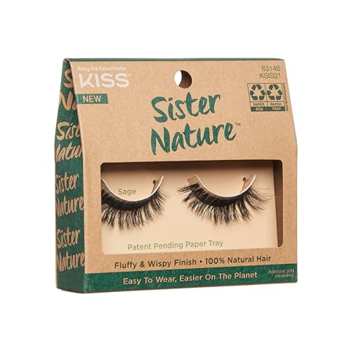 KISS Sister Nature False Eyelashes, Sage', 12 mm, 100% Natural Hair, Recyclable Paper Box, Printed with Soy Ink, Cruelty Free, Vegan, Includes 1 Pair of Reusable Strip Lashes