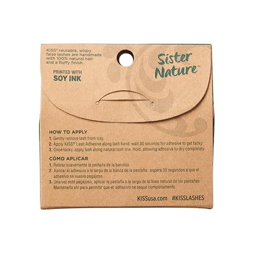 KISS Sister Nature False Eyelashes, Sage', 12 mm, 100% Natural Hair, Recyclable Paper Box, Printed with Soy Ink, Cruelty Free, Vegan, Includes 1 Pair of Reusable Strip Lashes