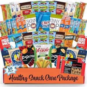 healthy snack box variety pack care package (50 count) easter candy gift basket college student crave food box, nutritious bars chips, birthday sweet treats for adults kids teens boys girls