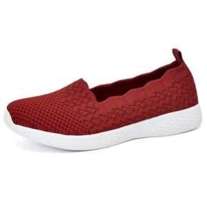 puxowe women's casual slip on walking flat shoes-lightweight low-top knit loafer sneaker red size 8 us