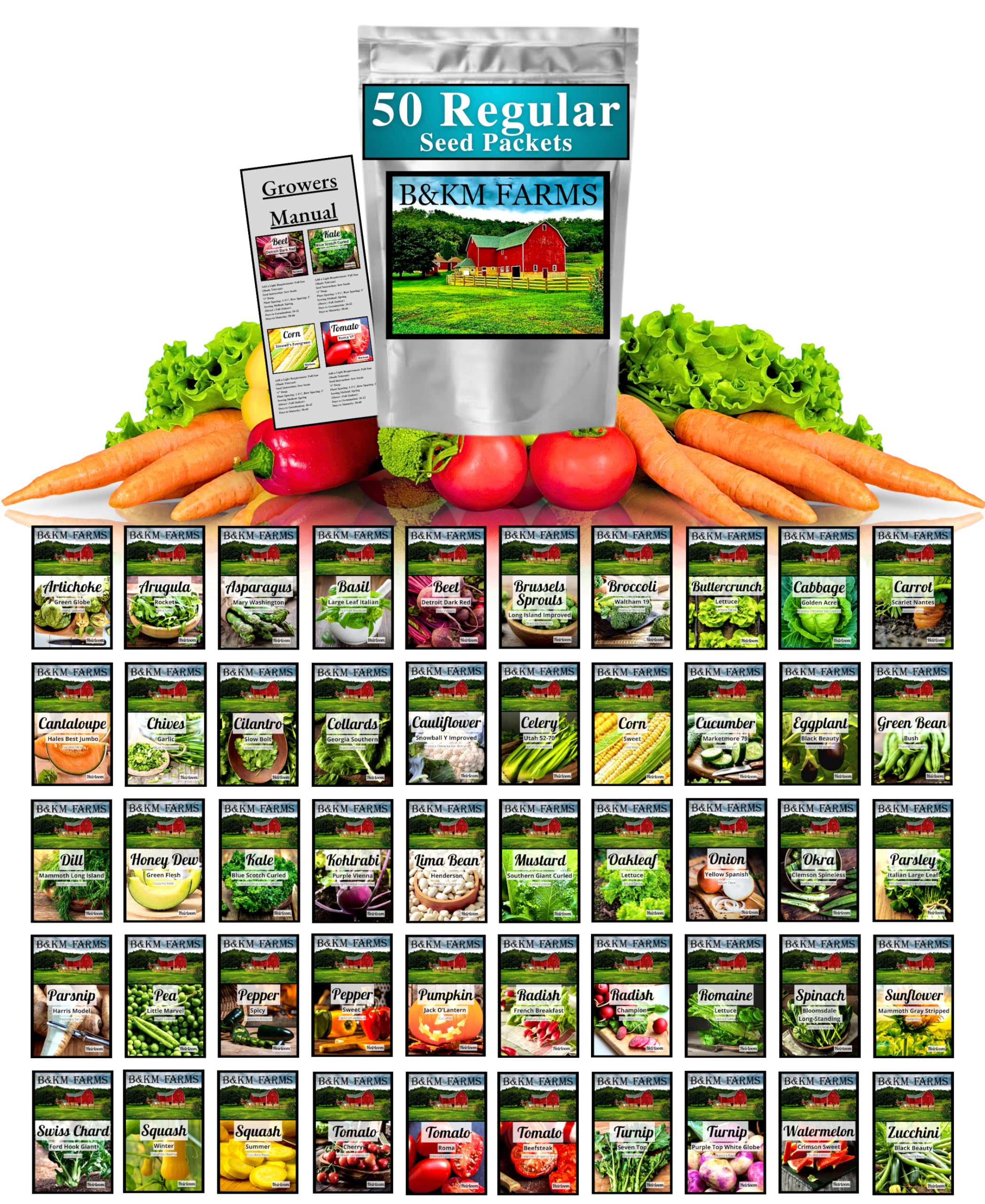 50 Vegetable & Herb Seeds for Planting Outdoor & Indoor Conventional Seed Gardens. This Survival Seed Kit Includes 12,500 Seeds, A Planting Guide & A Mylar Package. Heirloom Non-GMO Seed By B&KM Farms