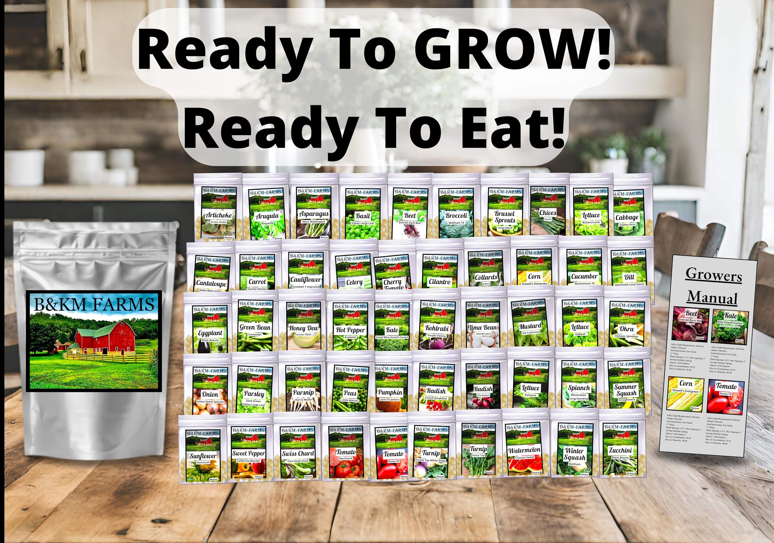 50 Vegetable & Herb Seeds for Planting Outdoor & Indoor Conventional Seed Gardens. This Survival Seed Kit Includes 12,500 Seeds, A Planting Guide & A Mylar Package. Heirloom Non-GMO Seed By B&KM Farms