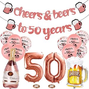 50th rose gold birthday party decorations for women, cheers to 50 years banner, 32inch number 50 rose gold foil balloon and confetti 50th latex balloons cheers foil balloons for her women anniversary