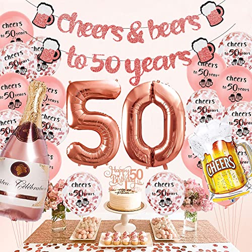 50th Rose Gold Birthday Party Decorations for Women, Cheers to 50 Years Banner, 32Inch Number 50 Rose Gold Foil Balloon and Confetti 50th Latex Balloons Cheers Foil Balloons for Her Women Anniversary