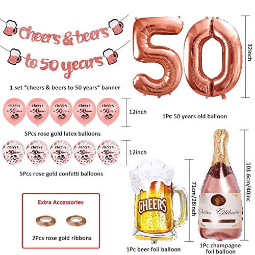 50th Rose Gold Birthday Party Decorations for Women, Cheers to 50 Years Banner, 32Inch Number 50 Rose Gold Foil Balloon and Confetti 50th Latex Balloons Cheers Foil Balloons for Her Women Anniversary