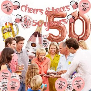 50th Rose Gold Birthday Party Decorations for Women, Cheers to 50 Years Banner, 32Inch Number 50 Rose Gold Foil Balloon and Confetti 50th Latex Balloons Cheers Foil Balloons for Her Women Anniversary
