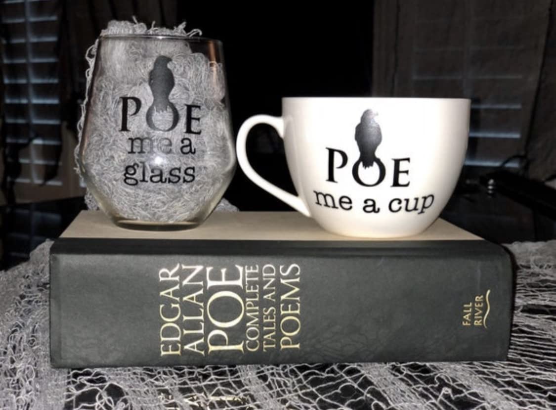 Poe me a glass. Poe me a cup. Edgar Allan Poe inspired wine glass or coffee mug. Raven mug. Raven glass. Great gift for book lovers! Halloween mug. Halloween wine glass. (Wine glass)