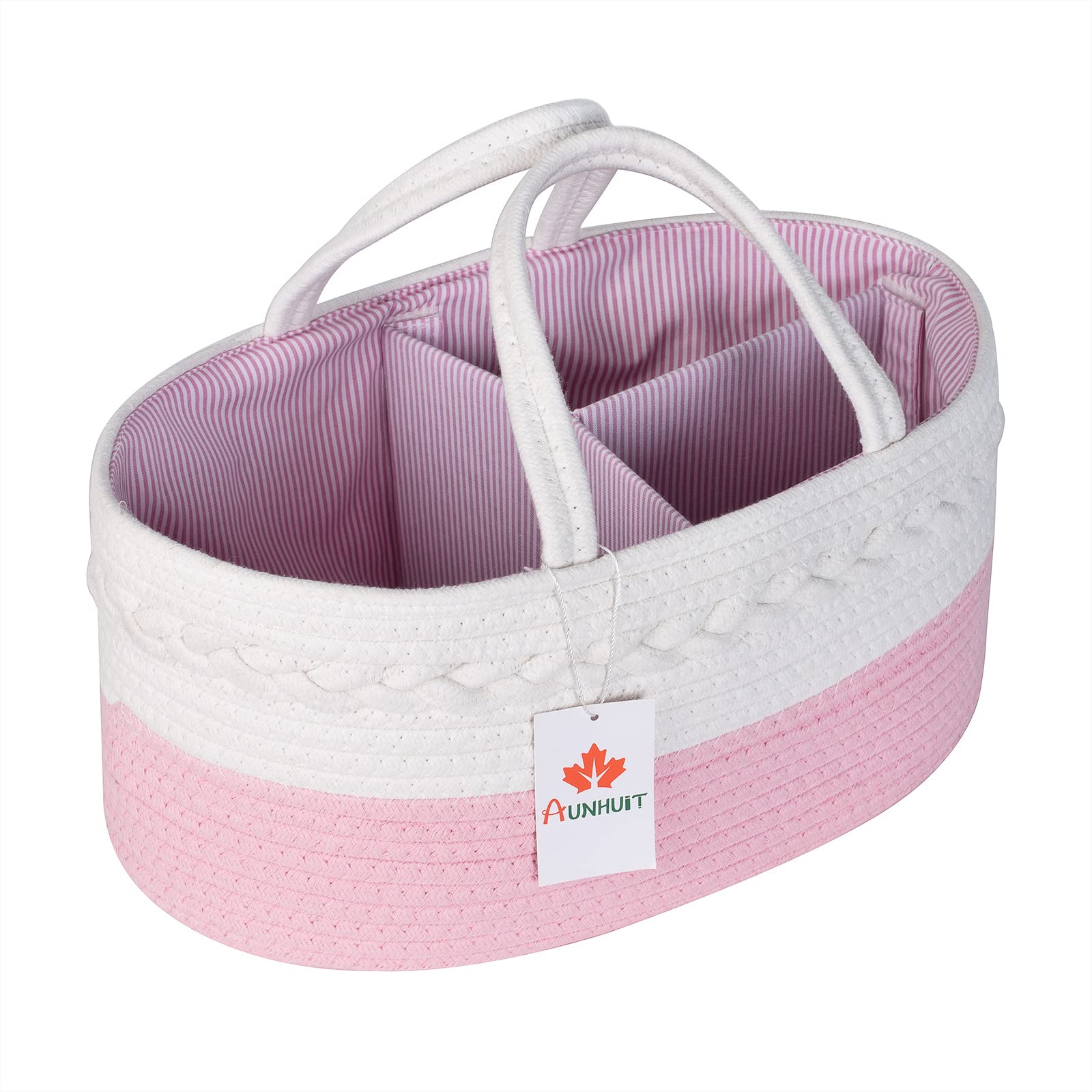 AUNHUIT Baby Diaper Caddy Organizer Nursery Storage Basket Portable Pink Woven Cotton Rope with Removable Inserts Newborn Registry Must Haves Baby Girl Shower Basket Hanging Large Travel Tote Bag