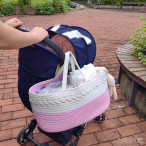 AUNHUIT Baby Diaper Caddy Organizer Nursery Storage Basket Portable Pink Woven Cotton Rope with Removable Inserts Newborn Registry Must Haves Baby Girl Shower Basket Hanging Large Travel Tote Bag