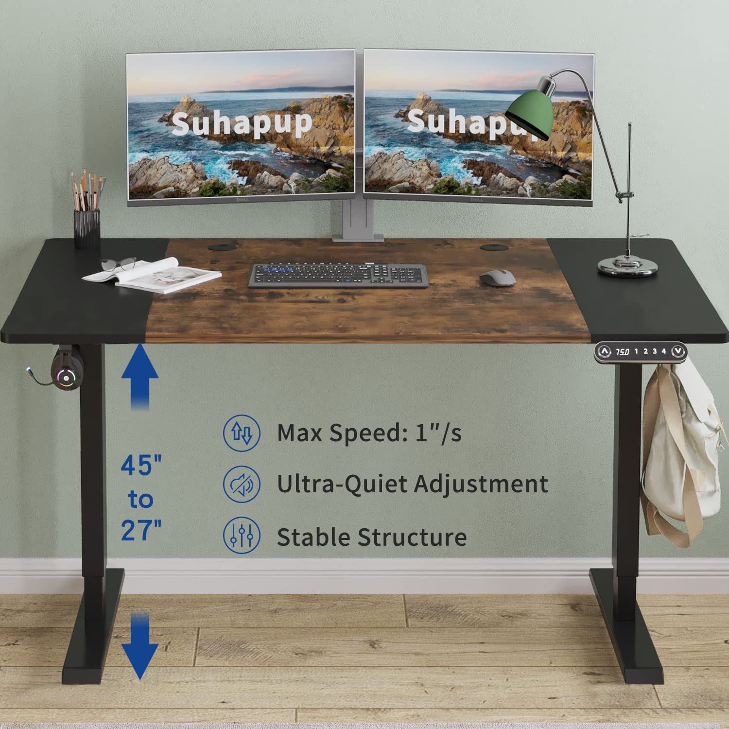 Electric Height Adjustable Standing Desk, 63 x 30inches Height Adjustable Computer Desk Sit Stand Desk Home Office Desks with Splice Board