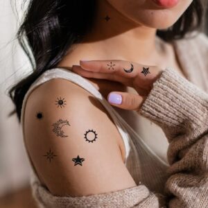 7 sheets sun moon star temporary tattoos, 100+ pattern minimalist small cute black fake tatoo stickers for kids women body hand neck wrist arm leg