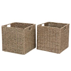 seagrass storage basket,folding 2 packs handmade woven,decorative seagrass shelf basket,wicker shelf basket for storage toys books and clothes and other what you want, 12x12x12 inches. (seagrass)