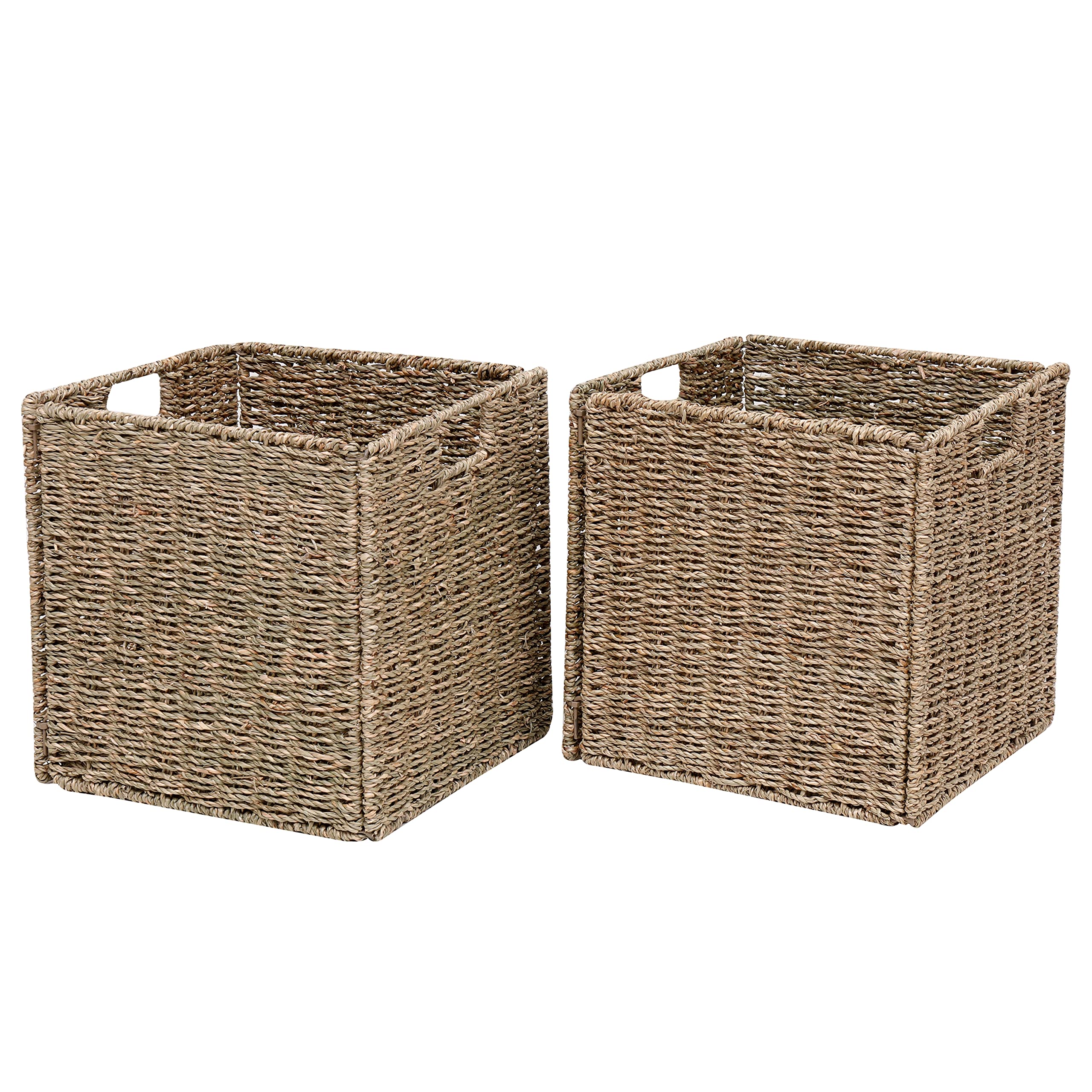 Seagrass Storage Basket,Folding 2 Packs Handmade Woven,Decorative Seagrass Shelf Basket,Wicker Shelf Basket For Storage Toys Books And Clothes and Other What You Want, 12x12x12 Inches. (seagrass)