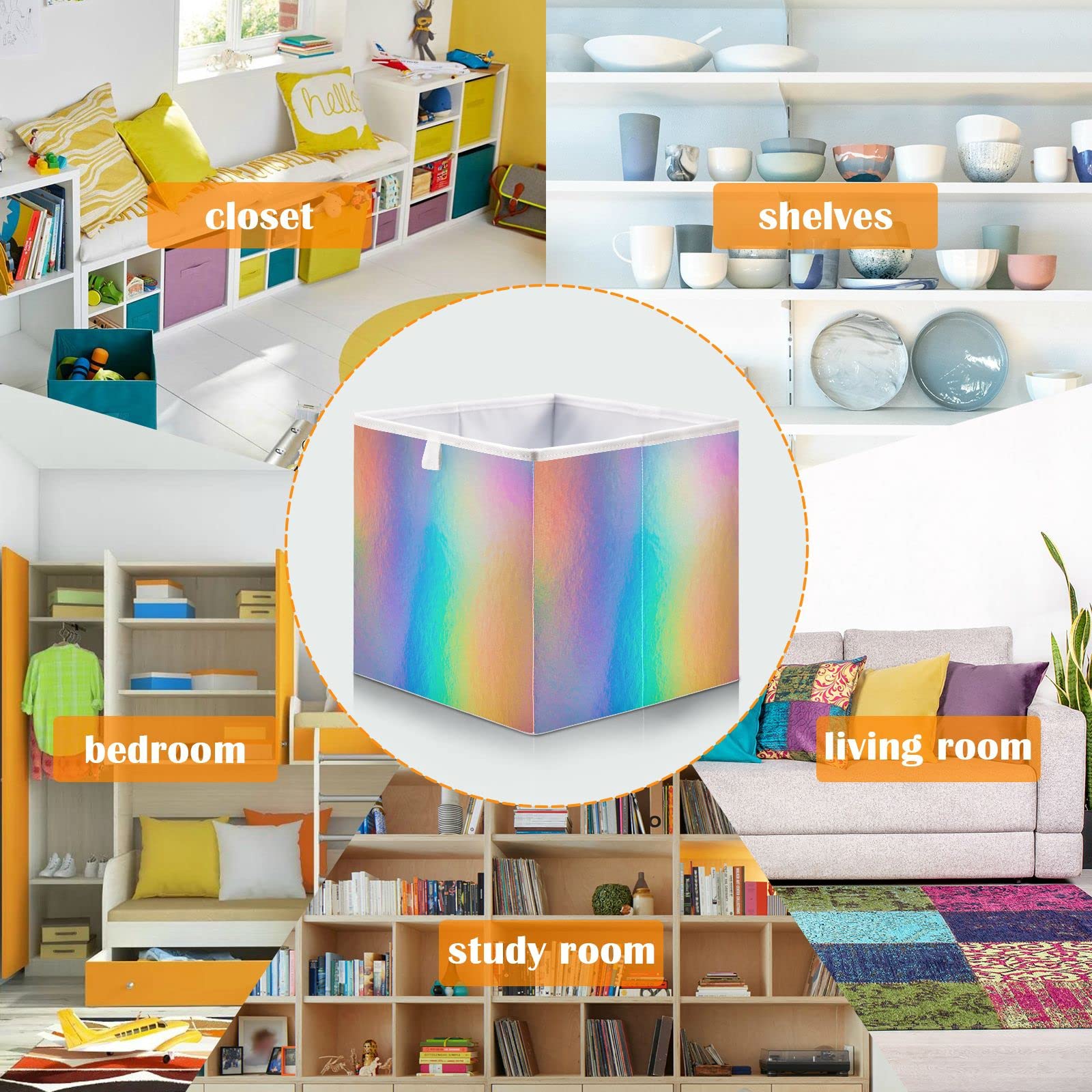 Blueangle Rainbow Holographic Paper Cube Storage Bin, 11 x 11 x 11 in, Large Collapsible Organizer Storage Basket for Home Décor（1076）
