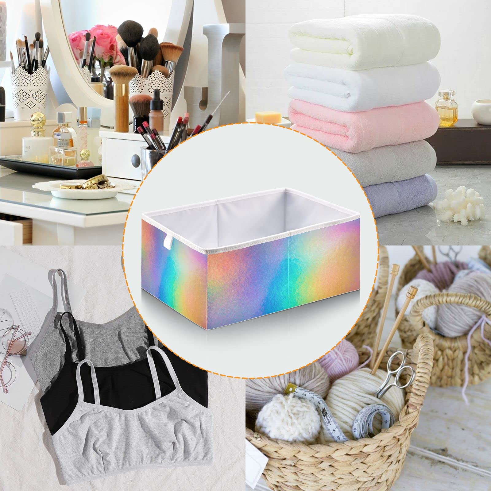 Blueangle Rainbow Holographic Paper Cube Storage Bin, 11 x 11 x 11 in, Large Collapsible Organizer Storage Basket for Home Décor（1076）