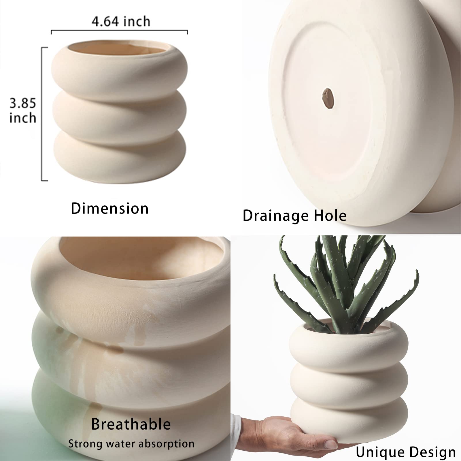 SANDYBAYTAS Ceramic Plant Pot Indoor, 4.5 Inch Beige Unglazed Flower Pot with Drainage Hole, Small Bubble Design Ceramic Planter for Home & Office Decor