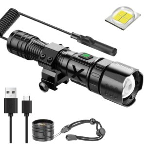 garberiel xhp70 tactical flashlight for rifle with pressure switch, 10000 lumens bright usb rechargeable picatinny rail mount flashlight, adjust focus,5 modes, waterproof weapon light for outdoor