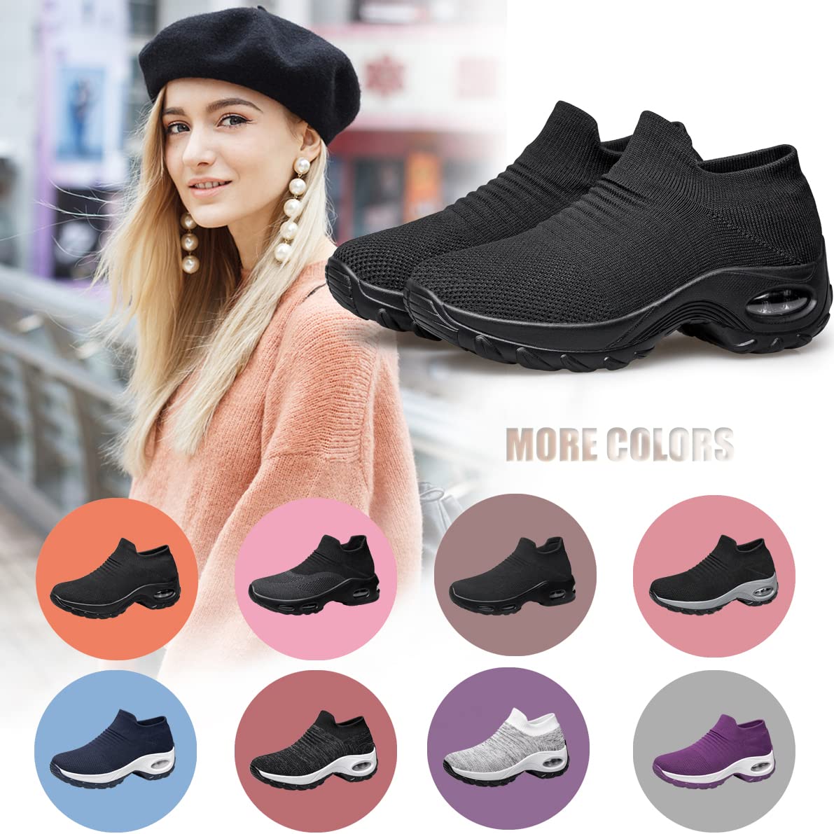 YHOON Women's Fashion Sneakers Walking Shoes Work Shoes Black Size 8.5