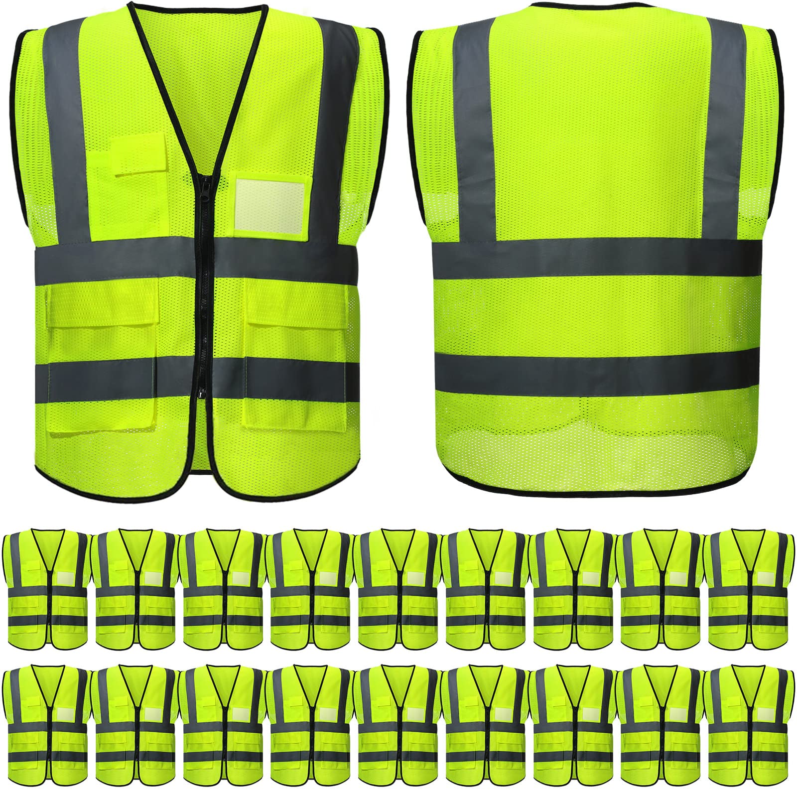 JaGely High Visibility Safety Vests with Pockets and Zipper Reflective Mesh Vest for Men Women Neon Working Vest(20 Pack)