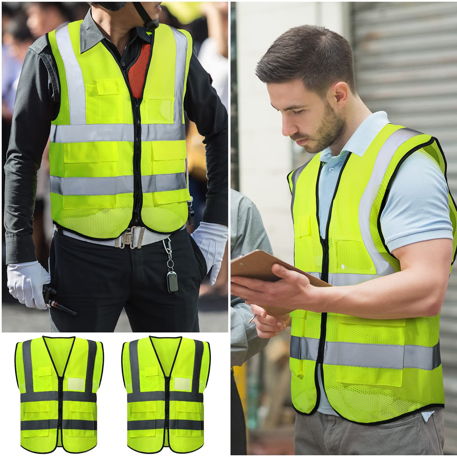 JaGely High Visibility Safety Vests with Pockets and Zipper Reflective Mesh Vest for Men Women Neon Working Vest(20 Pack)