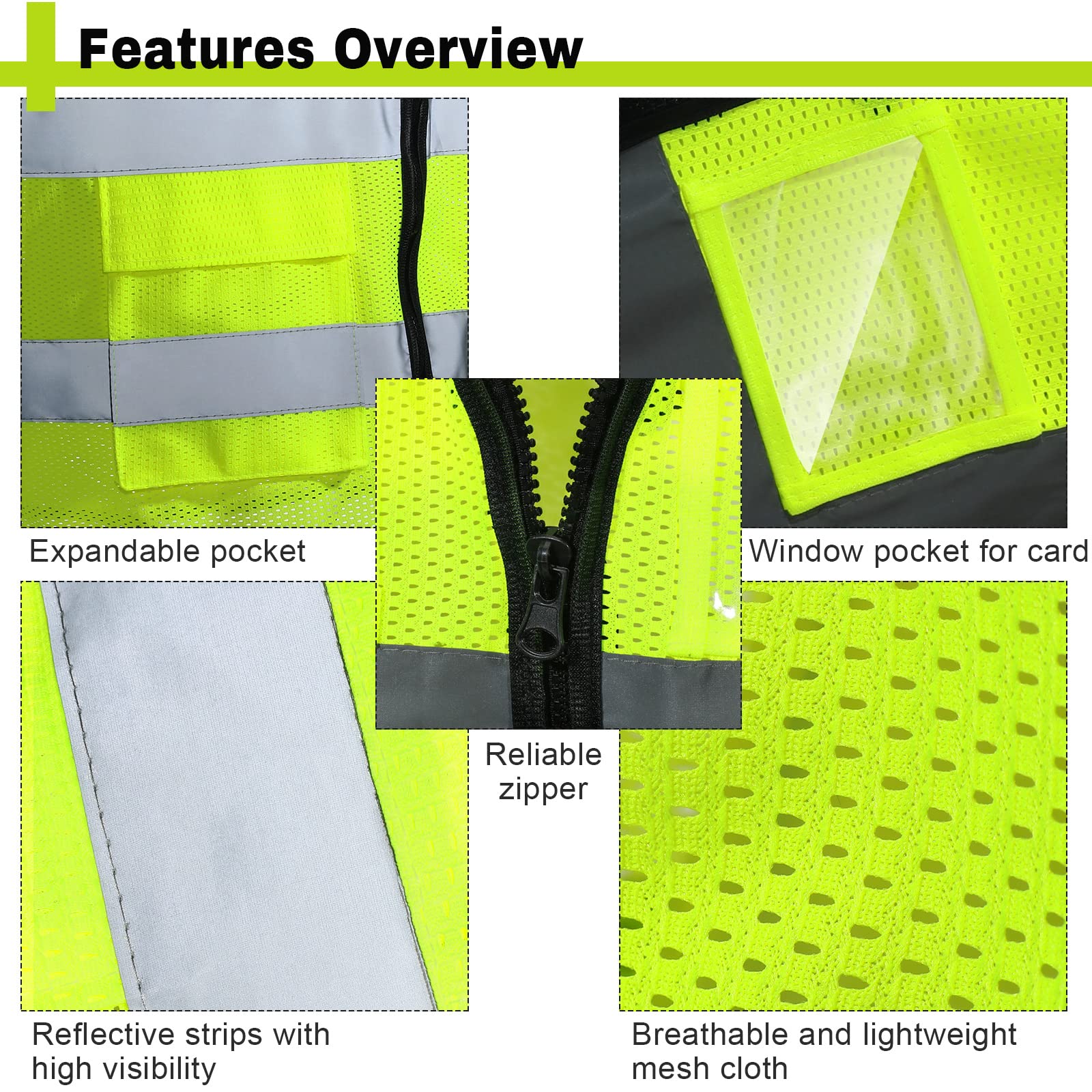 JaGely High Visibility Safety Vests with Pockets and Zipper Reflective Mesh Vest for Men Women Neon Working Vest(20 Pack)