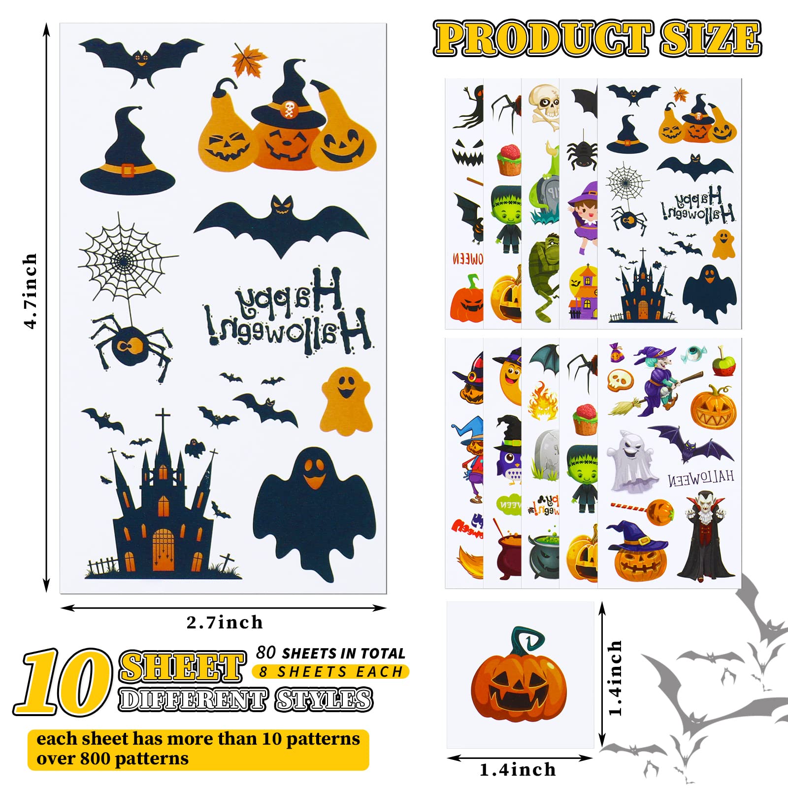 640 Pcs 80 Sheets Halloween Temporary Tattoos for Kids Halloween Waterproof Temporary Stickers for Halloween Makeup Halloween Party Favors for Kids Goody Bag Stuffers(Bat)