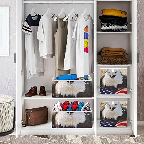 RunningBear American Flag Bald Hawk Storage Basket Storage Bin Square Collapsible Storage Containers Toy Storage Box Organizer for Living Room Bedroom