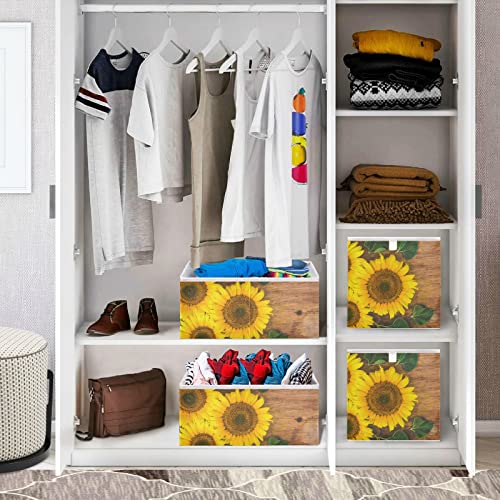 RunningBear Sunflowers Wood Autumn Storage Basket Storage Bin Square Collapsible Storage Cubes Large Toy Box Organizer for Kids Room Bedroom