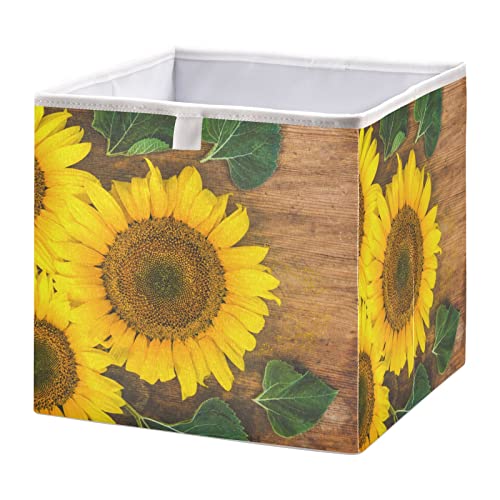 RunningBear Sunflowers Wood Autumn Storage Basket Storage Bin Square Collapsible Storage Cubes Large Toy Box Organizer for Kids Room Bedroom