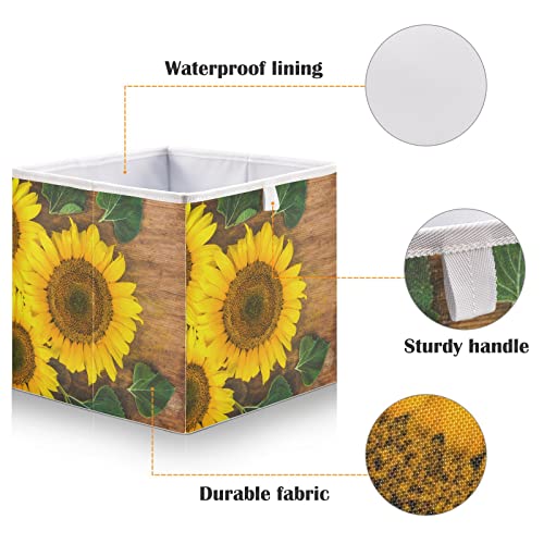 RunningBear Sunflowers Wood Autumn Storage Basket Storage Bin Square Collapsible Storage Cubes Large Toy Box Organizer for Kids Room Bedroom