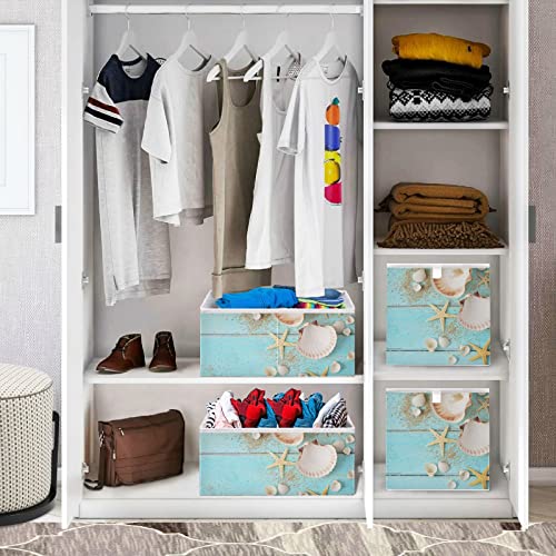 RunningBear Seashells Teal Wooden Storage Basket Storage Bin Square Collapsible Shelves Basket Empty Gift Baskets Organizer for Home Office Dorm Shelf