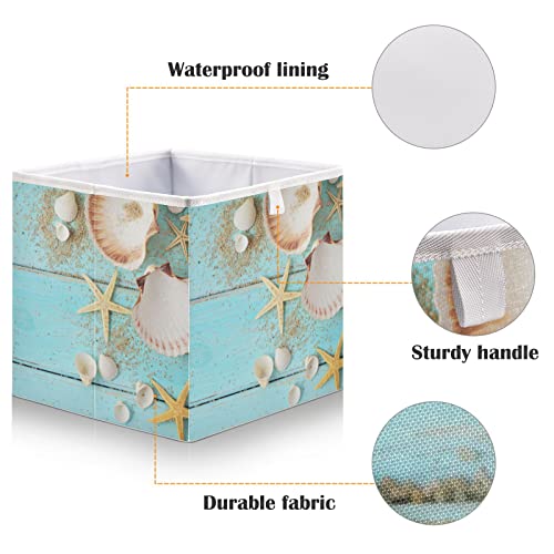 RunningBear Seashells Teal Wooden Storage Basket Storage Bin Square Collapsible Shelves Basket Empty Gift Baskets Organizer for Home Office Dorm Shelf