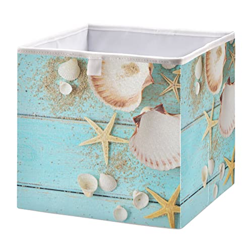 RunningBear Seashells Teal Wooden Storage Basket Storage Bin Square Collapsible Shelves Basket Empty Gift Baskets Organizer for Home Office Dorm Shelf