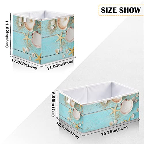 RunningBear Seashells Teal Wooden Storage Basket Storage Bin Square Collapsible Shelves Basket Empty Gift Baskets Organizer for Home Office Dorm Shelf