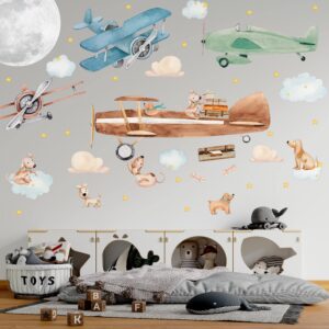large airplane wall decals for kids by lipastick - 68 pcs premium kids wall stickers aircrafts - creative nursery wall decal - plane vinyl wall decals for baby nursery children room bedroom l size