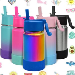 chillout life 12 oz kids insulated water bottle for school with straw lid leakproof and cute waterproof stickers, personalized stainless steel thermos flask metal, dishwasher safe color