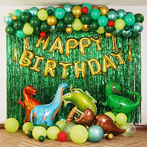 Partyville (US BASED COMPANY) Dinosaur Party Decorations With Balloons Arch Garland Kit - HAPPY BIRTHDAY And Dinosaur Balloons With Balloon Pump, Dino Themed Kid's Party Decor - Shimmer Backdrop