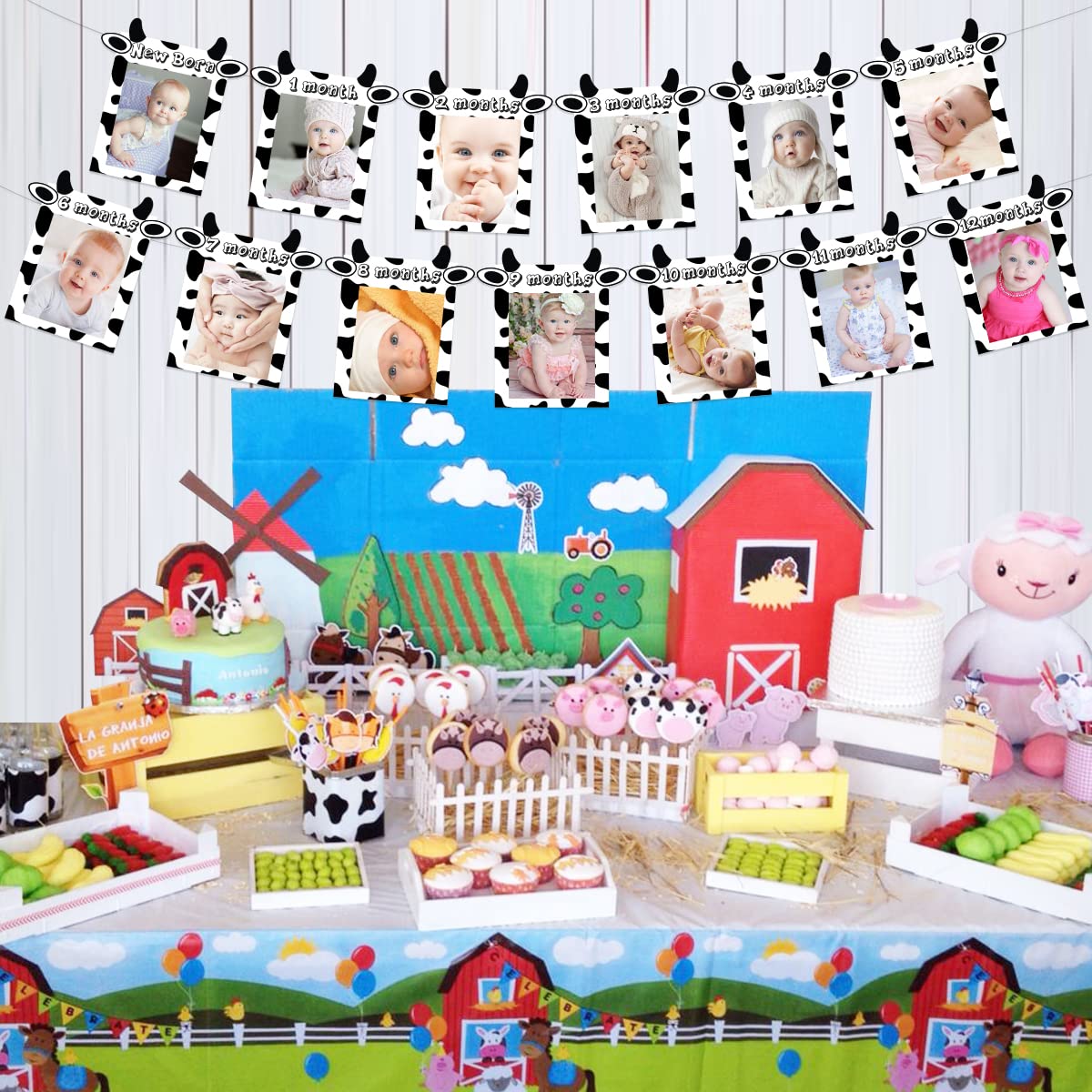 JOYMEMO 13PCs Cow 12 Month Photo Banner - 1st Birthday Baby Banner for Newborn to 12 Months, Cow Print Birthday Party Decorations, Farm Barnyard Cowboy Cowgirl First Birthday Party Supplies