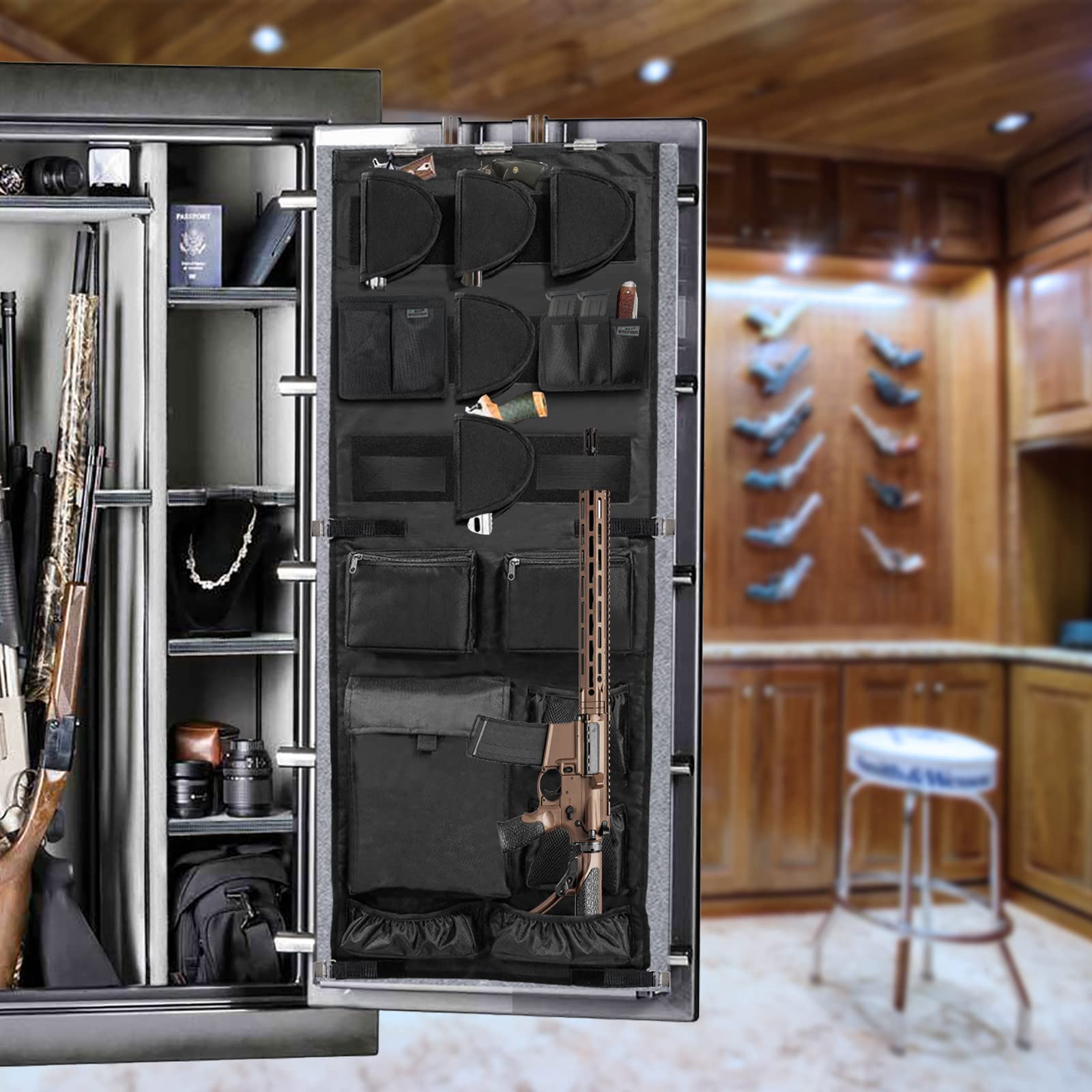 Gun Safe Door Organizer,Gun Safe Door Panel Organizer with Removable Pistol Holders Mag Pouch,Adjustable Width Fit Door Panel from 18.5 to 23 inches,Gun Safe Accessories Storage (18W*46.5H inch)