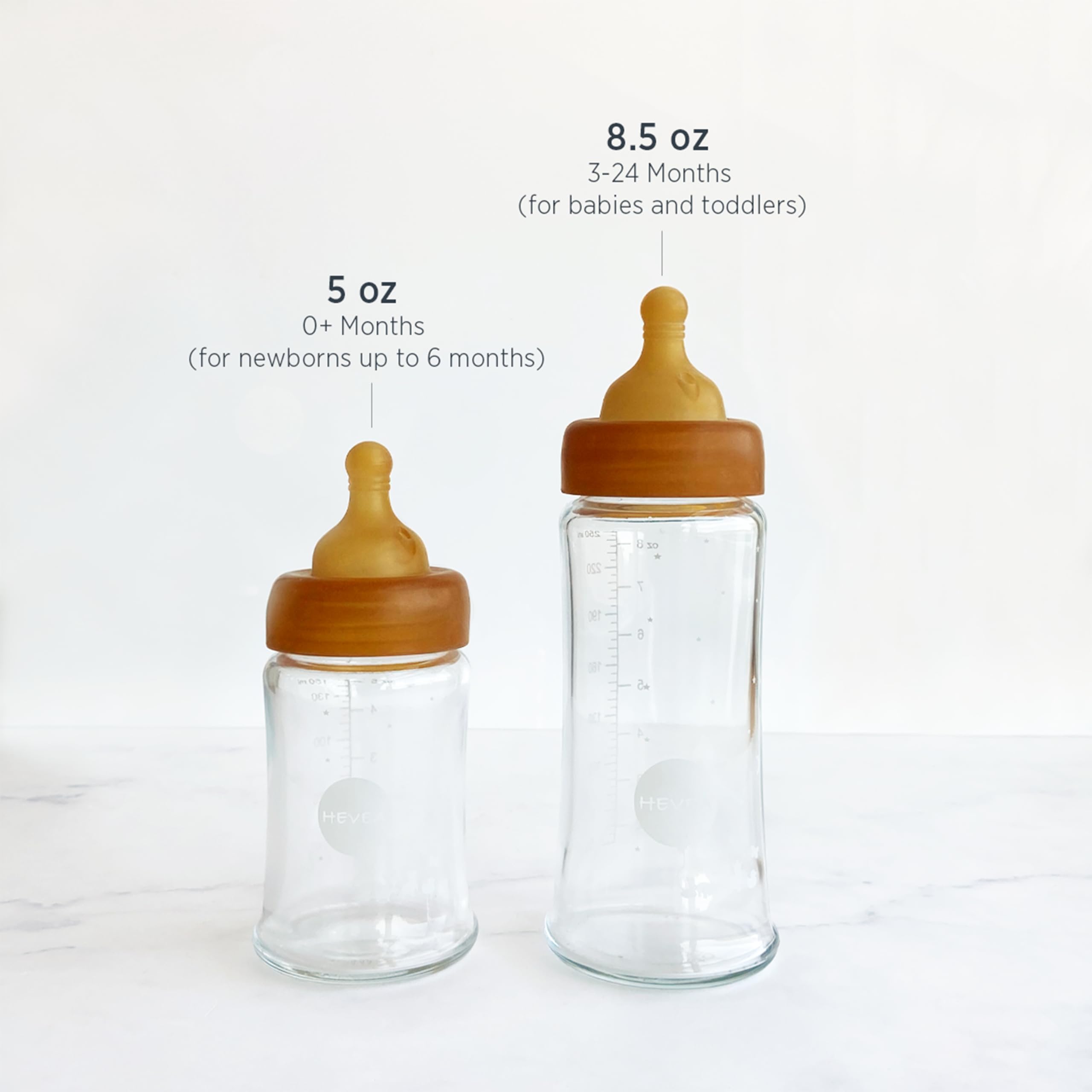 HEVEA Wide Neck Baby Glass Bottle 2-Pack Free from Plastic, BPA, and Phthalates (250 ml / 8 oz)