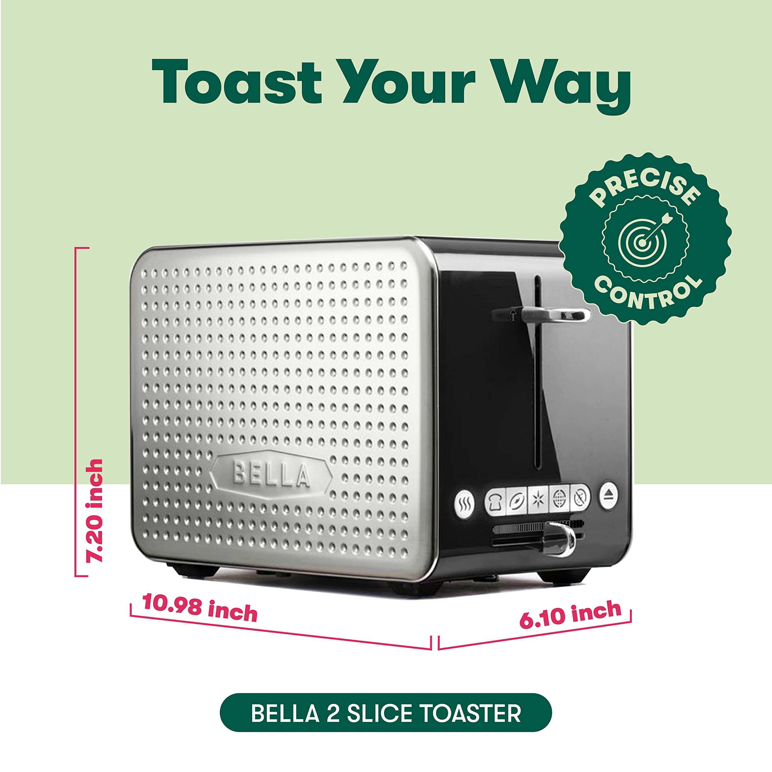 BELLA 2 Slice Toaster with Wide Slots, Touchscreen - Removable Crumb Tray, Adjustable Browning Control With Multiple Settings - Stainless Steel and Black