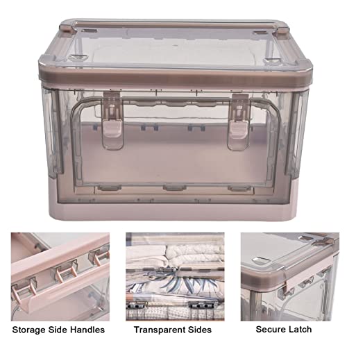 Collapsible Storage Bins with Lids, Foldable Plastic Clear Stackable Storage Bins Removable Wheels and Side Doors Pink Sturdy Multifunctional Storage Cubes for Organizing, Home, Office, Car, Bedroom