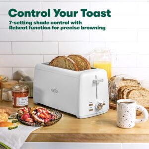 BELLA 4 Slice Toaster, Long Slot & Removable Crumb Tray, 7 Shading Options with Auto Shut Off, Cancel & Reheat Button, Toast Bread & Bagel, White