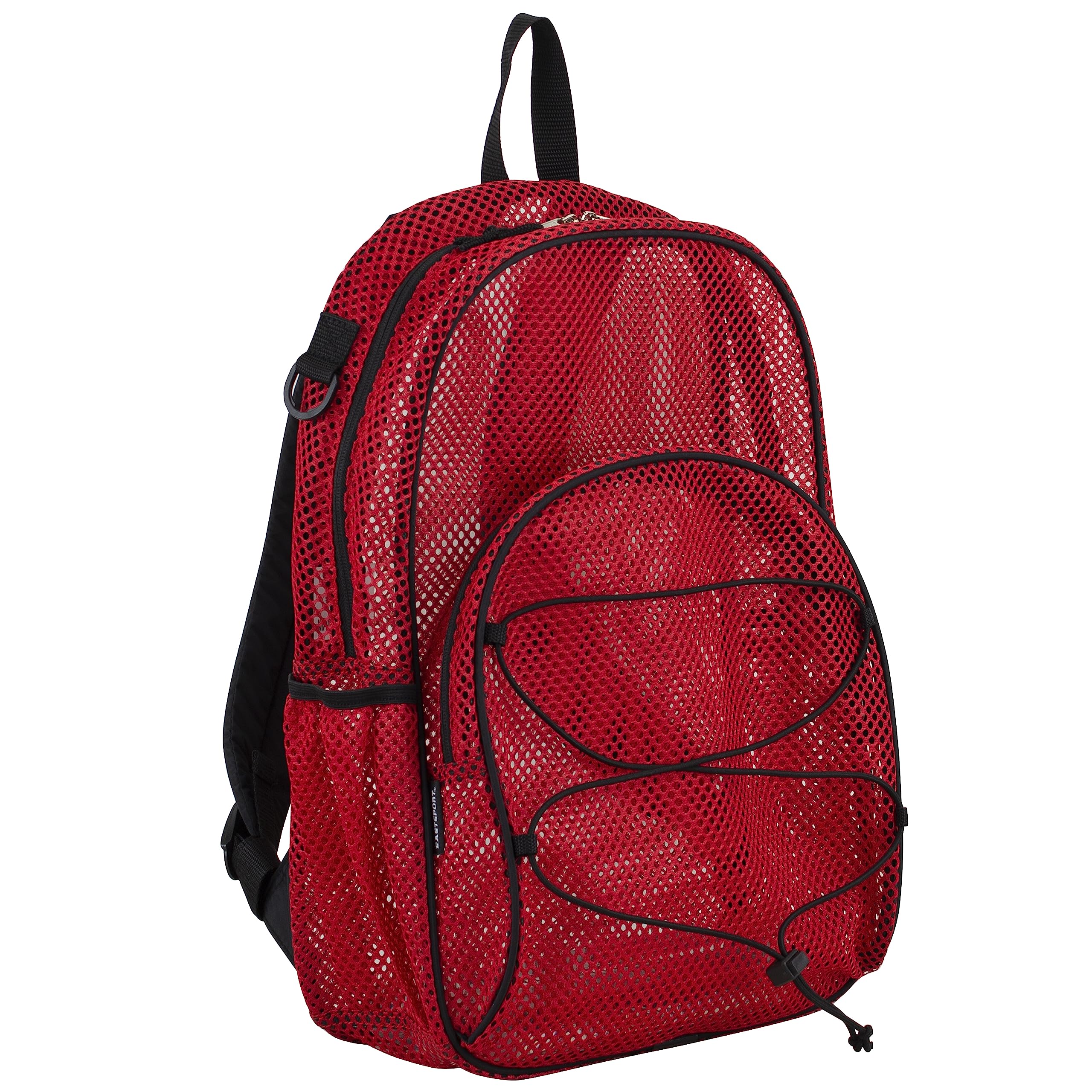 Eastsport Mesh Hiking Backpack Lightweight Bungee See Through for Travel, College, Swim, Gym Bag with Adjustable Padded Shoulder Straps, Red