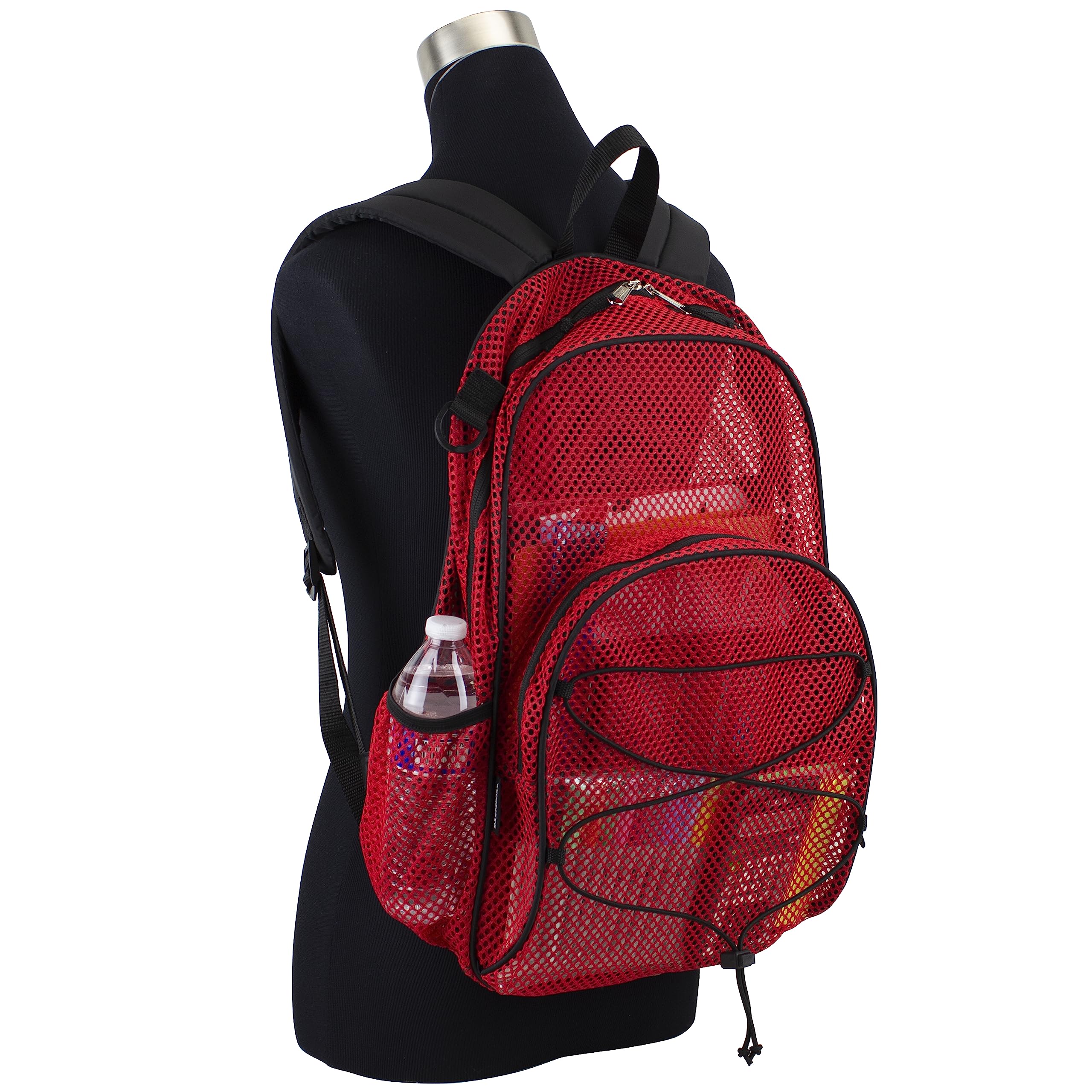 Eastsport Mesh Hiking Backpack Lightweight Bungee See Through for Travel, College, Swim, Gym Bag with Adjustable Padded Shoulder Straps, Red