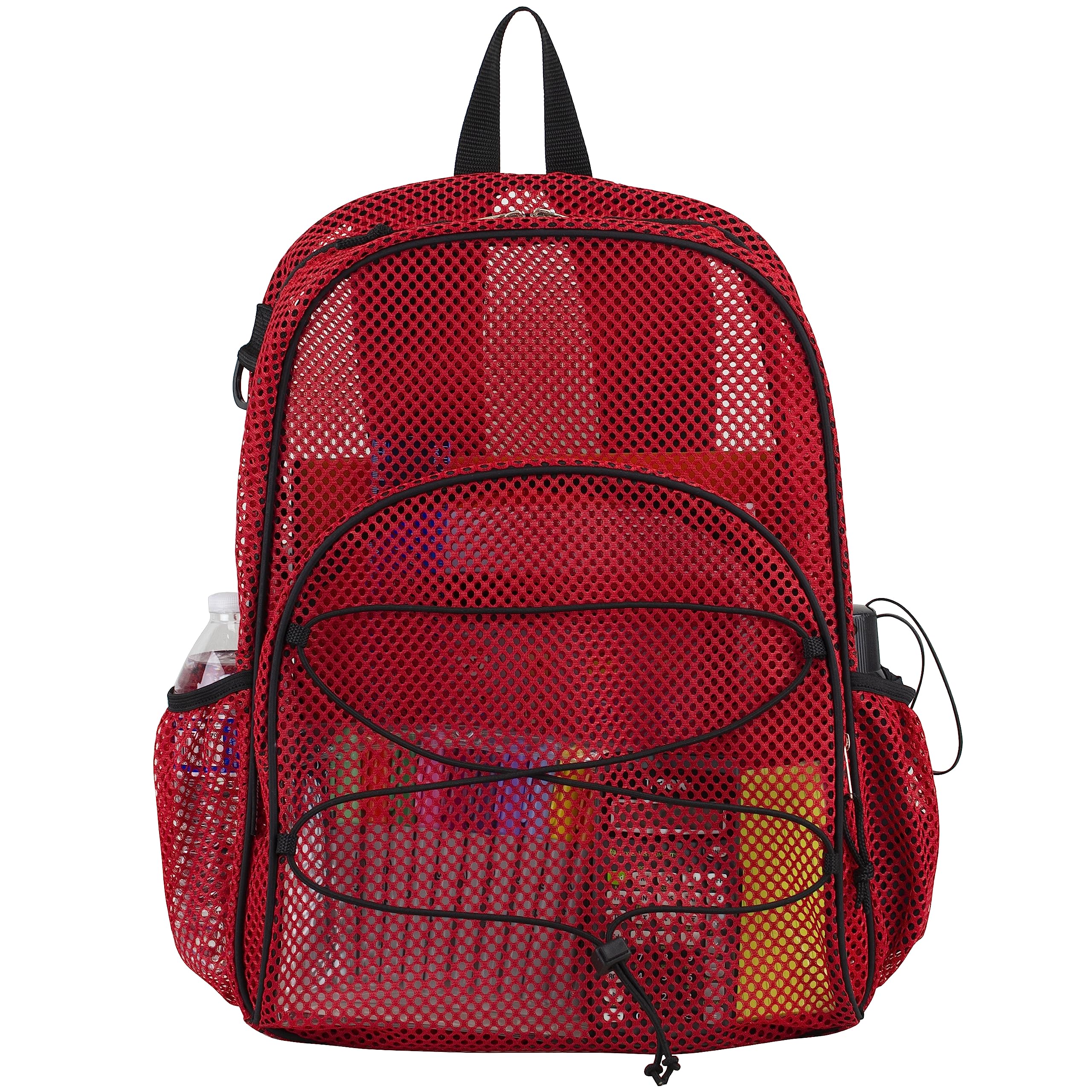 Eastsport Mesh Hiking Backpack Lightweight Bungee See Through for Travel, College, Swim, Gym Bag with Adjustable Padded Shoulder Straps, Red