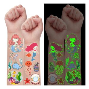 partywind 130 luminous styles mermaid birthday party decorations, glow mermaid kids temporary tattoos for girls birthday party supplies favors, mermaid tail ocean decor (12 sheets)