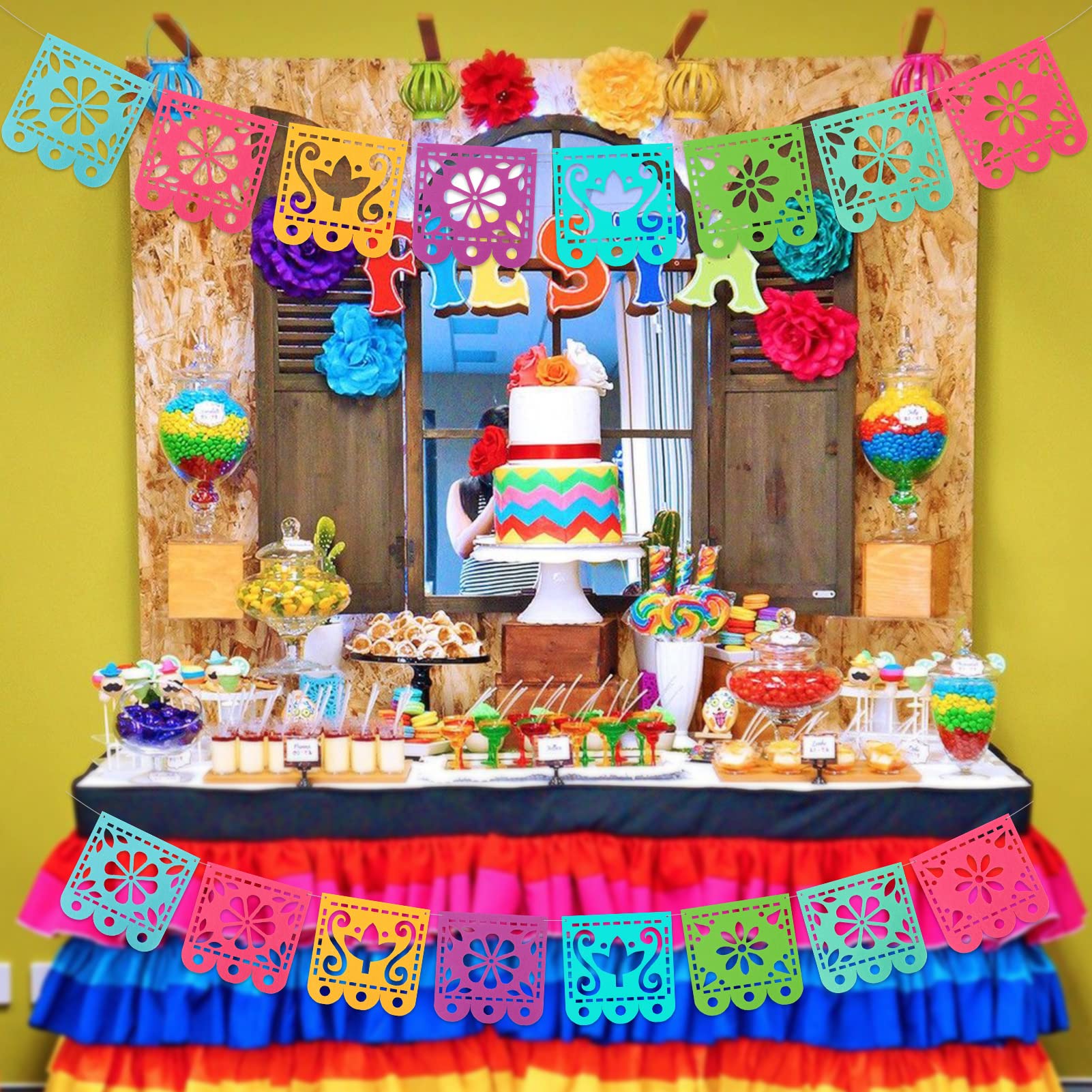 Qpout 2 Mexican Fiesta Party Decorations Banners, Felt Cinco de Mayo Decorations Banner, Day of the Dead Decor Papel Picado Banner, Dia De Los Muertos Garlands, Fiesta Birthday Baby Shower Flags