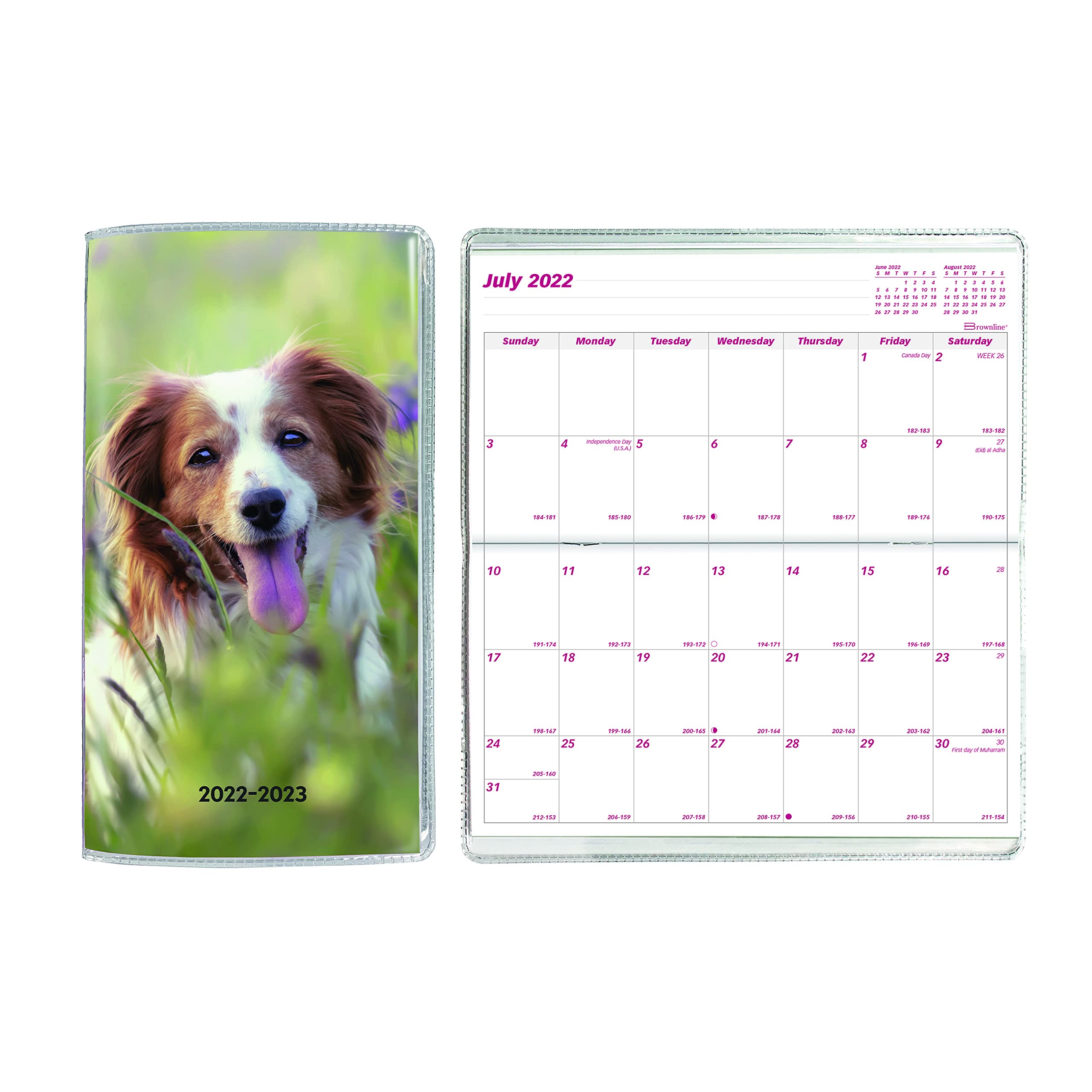 Brownline Essential Monthly Pocket Planner, 18 Months, July 2022 to December 2023, Stitched Binding, 6.5" x 3.5", Dog Design (CA412.02-23)